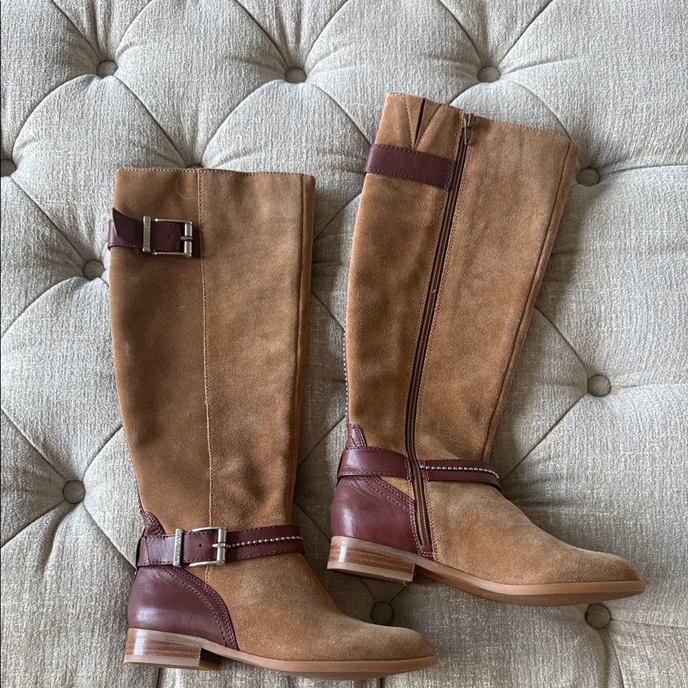Alex Marie Tan and Burgundy Over the Knee Boots‎